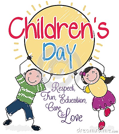 Children in Doodle Style Playing with Label in Their Day, Vector Illustration Vector Illustration