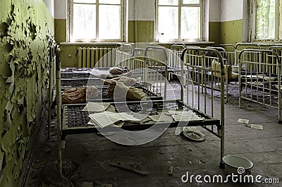 Children dormitory in Prypiat school, Chernobyl exclusion zone, Ukraine Stock Photo