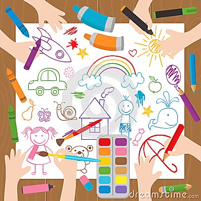 Children draw at the desk Vector Illustration