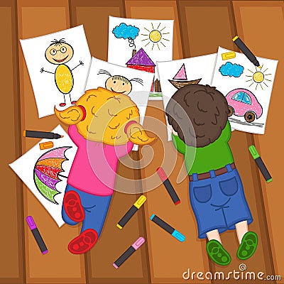 Children draw on the floor Vector Illustration