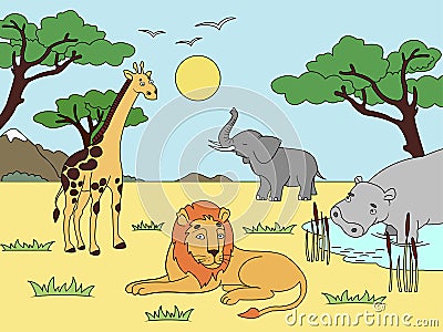 Children drawing. Animals of Africa, mainland mammals, zoo. Raster Cartoon Illustration