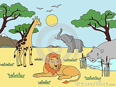 Children drawing. Animals of Africa, mainland mammals, zoo. Vector Vector Illustration