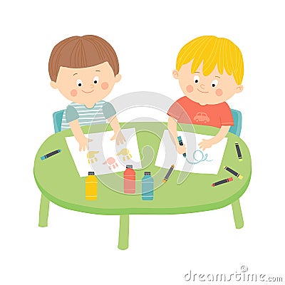 Children drawing in art class. Cartoon vector hand drawn eps 10 illustration isolated on white background in flat style. Vector Illustration