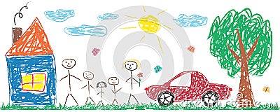 Children drawing cheerful family, house, tree, car, sun. Vector Illustration