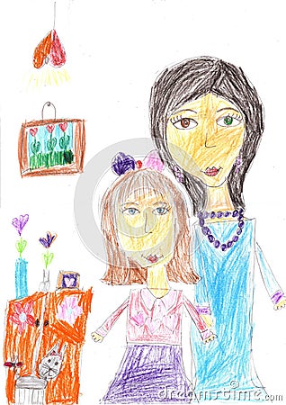 Children drawing of a happy family inside house. Housewife doing household chores Stock Photo