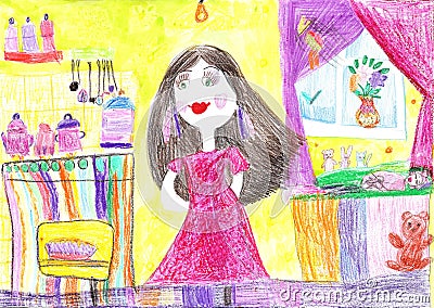 Children drawing of a happy family inside house. Housewife doing household chores Stock Photo