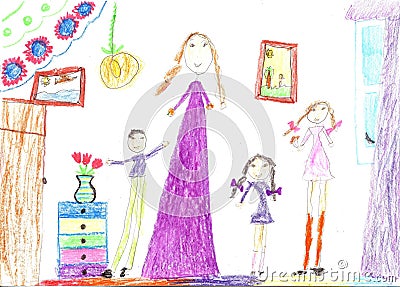 Children drawing of a happy family inside house. Housewife doing household chores Stock Photo