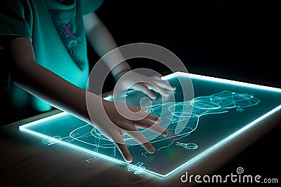 Children drawing on large Digital Tablet touch screen with hand, for futuristic art creative concept. Stock Photo