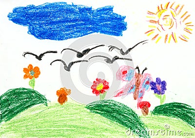 Children drawing on paper - birds fly on the south Stock Photo