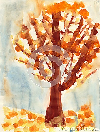 Children drawing on a paper - brown tree Stock Photo