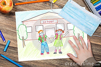 Children drawing with school and pupils wearing masks on it. Back to school 2020 after quarantine. Stock Photo