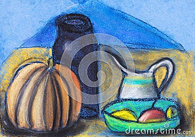 Children drawing - still life with jugs and pumpkin Stock Photo