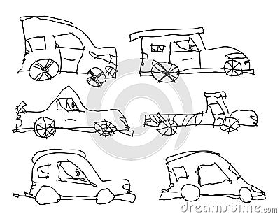 Children drawings of cars. Vector Illustration