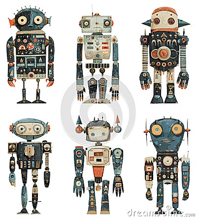 Children drawn robots isolated. Paper collage humanoid robot collection, cartoon android toys machinery Vector Illustration