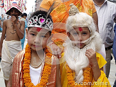 Children dressed as Hindu Gods in Gai Jatra (The festival of Cows) Editorial Stock Photo