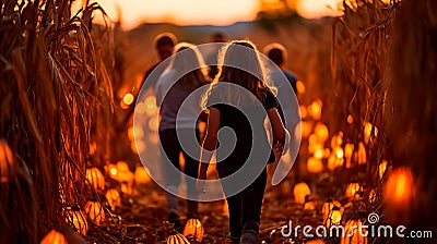 Children dressed in costumes exploring a haunted corn maze, with jack-o& x27;-lanterns guiding their way. Generative Ai Stock Photo