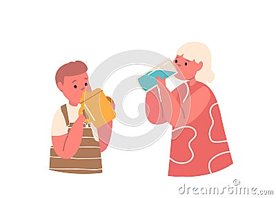 Children Drink, Healthy Refreshment, Thirst and Body Hydration. Kids Drinking Clean Water. Little Boy and Girl Character Vector Illustration