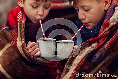 Children drink hot chocolate under warm blanket in winter forest. Christmas vacation. Stock Photo