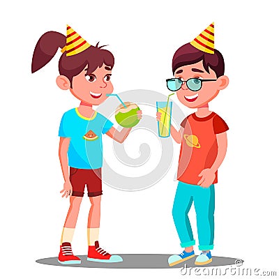 Children Drink Juice At Party Vector. Isolated Illustration Vector Illustration