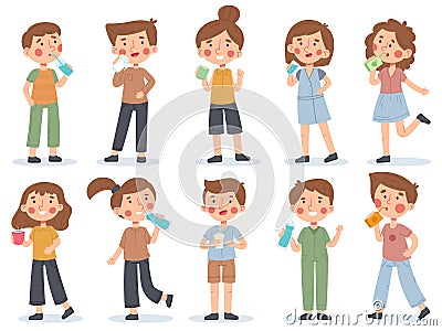 Children drink milk, water, juice or tea, kid with beverages. Thirsty kids holding beverage bottles vector illustration Vector Illustration