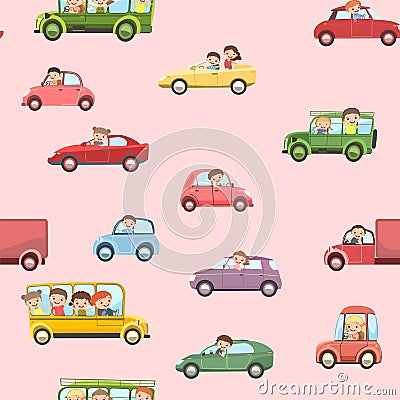 Children drive cars. Seamless cartoon pattern. Kids motorists. Childrens background illustration. Various automobiles Vector Illustration