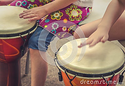 Children Drumming Detail Stock Photo