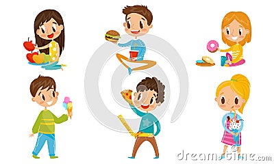 Children Eating Different Kinds Of Fastfood Vector Illustration Set Vector Illustration