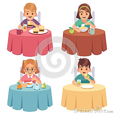 Children eating. Kids eat dinner table child breakfast lunch fast food dining girl boy cartoon characters set Vector Illustration