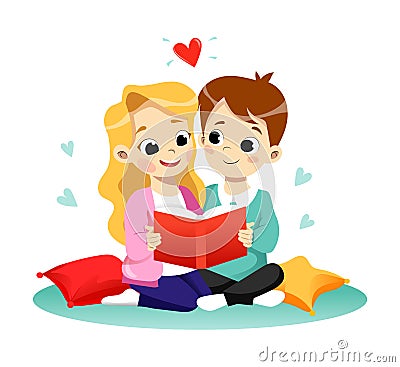 Children Education Concept. Happy Cute Cartoon Boy And Girl Are Reading The Book. Flat style. Vector Illustration Vector Illustration