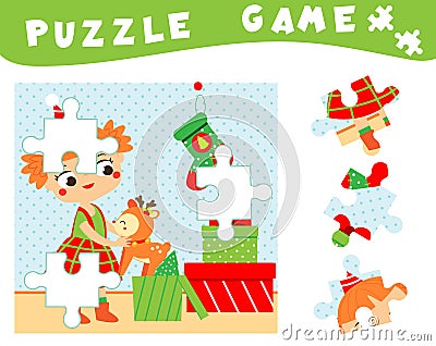 Children educational game. Christmas and new year puzzle for toddlers, babies and kids. Place missing parts of picture Vector Illustration