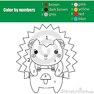 Children educational game. Coloring page with cute hedgehog. Color by numbers, printable activity Vector Illustration