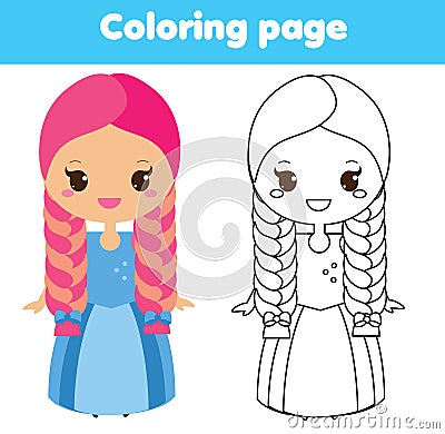 Children educational game. Coloring page with cute princess Vector Illustration