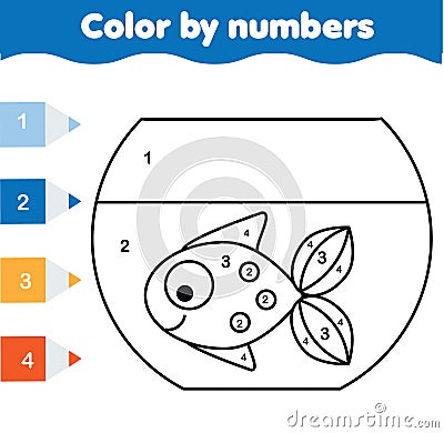 Children educational game. Coloring page with fish in aquarium. Color by numbers, printable activity Vector Illustration