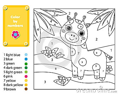 Children educational game. Coloring page with giraffe in jungle. Color by numbers, printable activity Vector Illustration