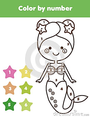 Children educational game. Coloring page with mermaid. Color by numbers, printable activity Vector Illustration