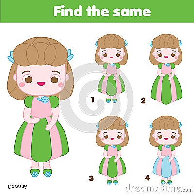 Children educational game. Find same pictures. Find two identical girls. Princess theme fun for kids and toddlers Vector Illustration