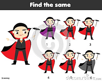 Children educational game. Find same pictures. Find two identical vampires. halloween fun for kids and toddlers Vector Illustration