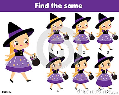 Children educational game. Find same pictures. Find two identical witch. halloween fun for kids and toddlers Vector Illustration