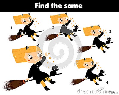 Children educational game. Find same pictures. Find two identical witch. halloween fun for kids and toddlers Vector Illustration