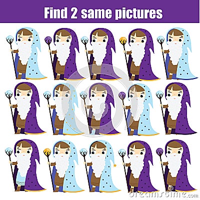 Children educational game. Find same pictures. Find two identical wizards. halloween fun for kids and toddlers Vector Illustration