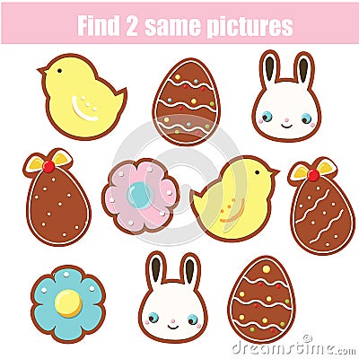 Children educational game. Find two same pictures. Easter cookies Vector Illustration