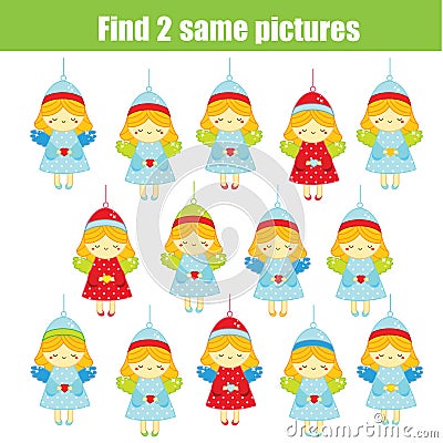 Children educational game. Find two same pictures. Find identic Angels. Christmas theme activity for kids and toddlers Vector Illustration