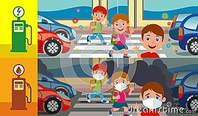 Children with electric cars and petrol cars Vector Illustration