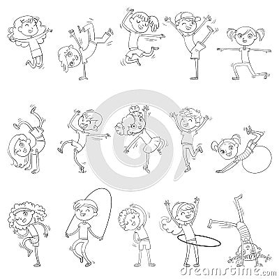 Children are engaged in different kinds of sports. Fitness. Dancing breakdance. Coloring book Vector Illustration