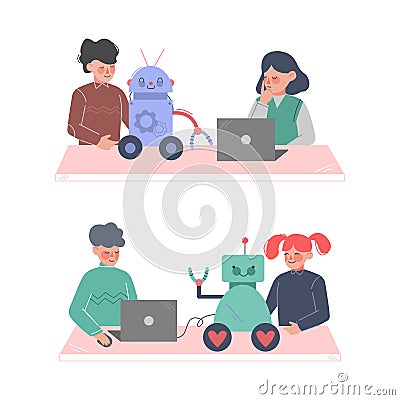 Children engineers making and programming robots set cartoon vector illustration Vector Illustration