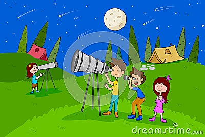 Children enjoying summer camp star gazing activities Vector Illustration