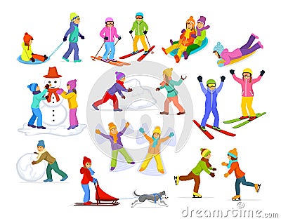 Children enjoying winter fun activities in snow and ice Vector Illustration