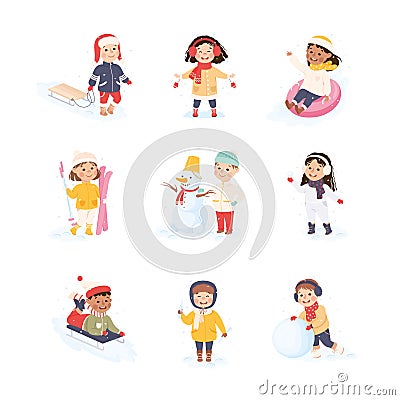 Children Enjoying Winter Fun Activities in Snow Sledging, Skiing, Building Snowman Vector Set Vector Illustration