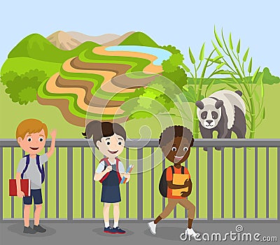 Children excursion to zoo vector illustration. Wild cute animal panda behind fence. Happy smiling visitors school kids Vector Illustration