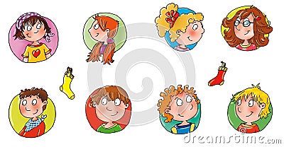 Children faces with colored backgrounds avatar funny comic Button icon to sites Stock Photo